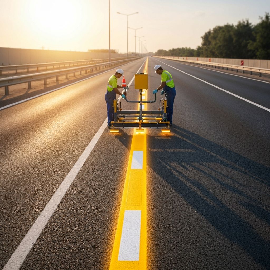 Road marking process with thermoplastic paint on highway